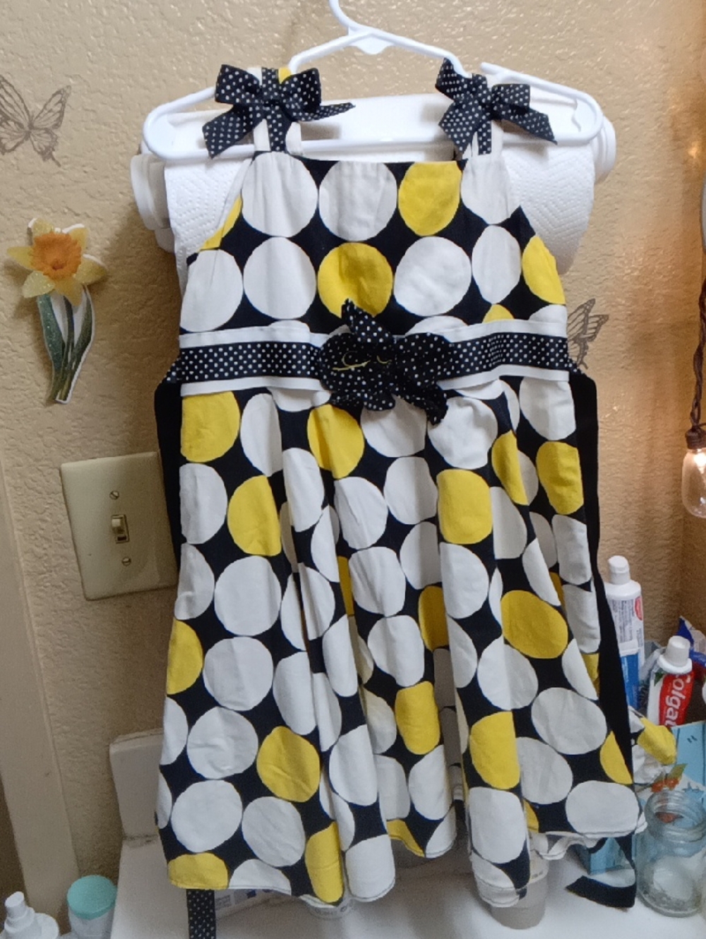 Rare Editions Black, White & Yellow Polka Dot Bow Dress
